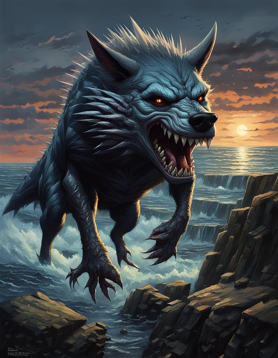 Shark Wolf Monster on Cliff, Sinister Twilight Sky