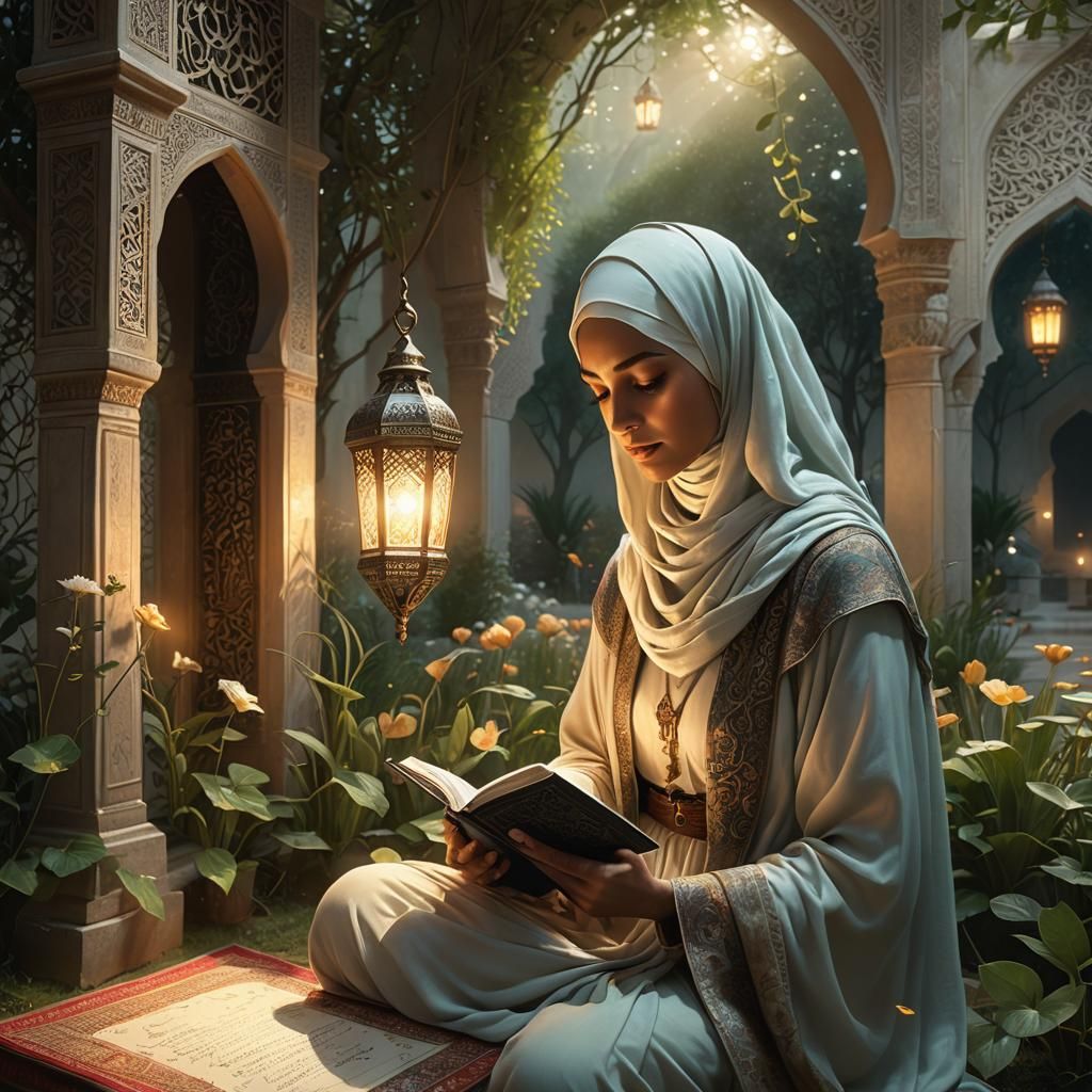 Girl Reads Quran in Beautiful Garden: Fantasy Art
