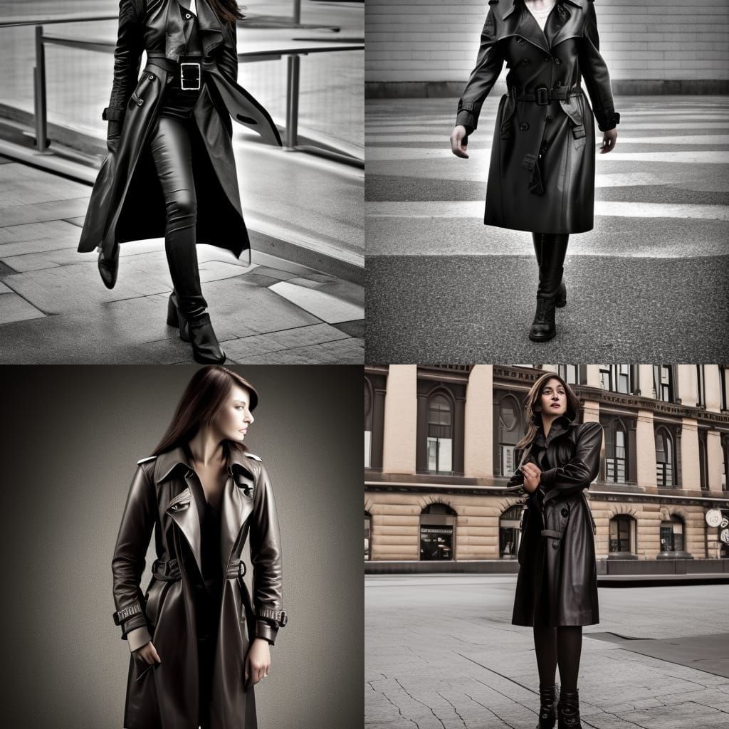 Woman in Leather Trench Coat, Hyperrealistic Image
