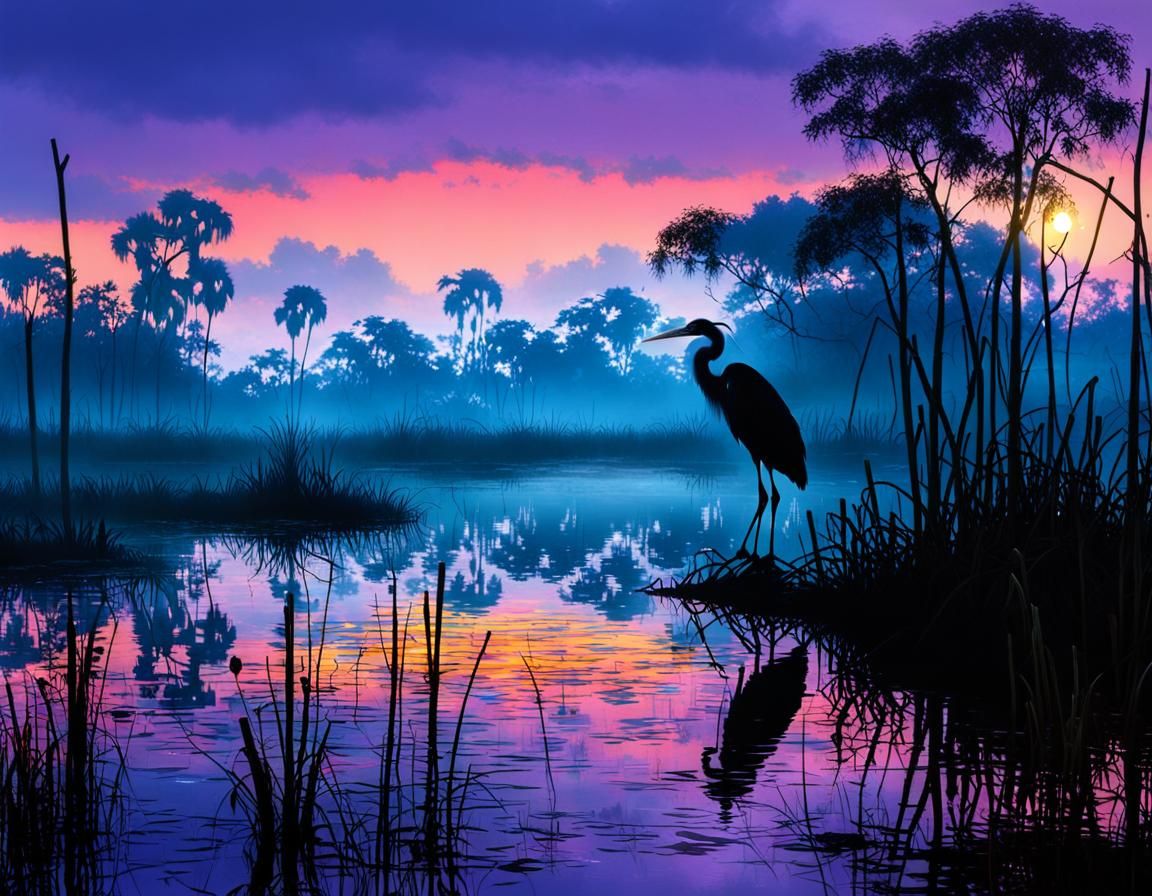 Heron in Florida Everglades: Ethereal Fantasy Art