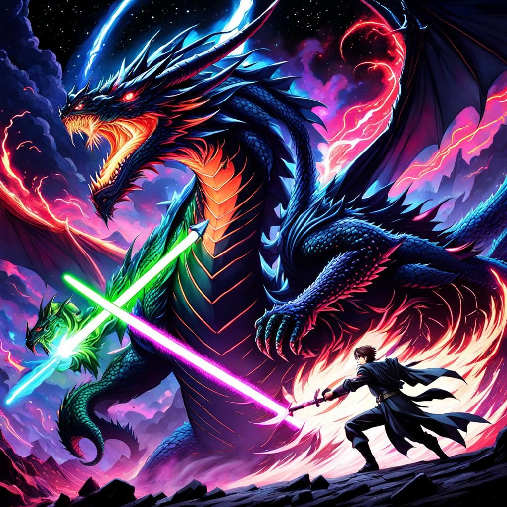 Neon Warrior Battles Nebula Dragon in Anime Style