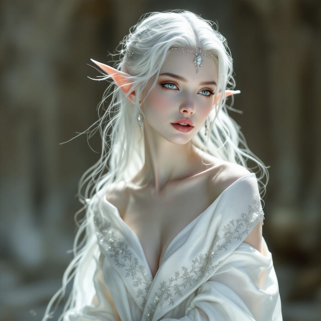 Ethereal Snow Elf Queen in Resplendent White Gown