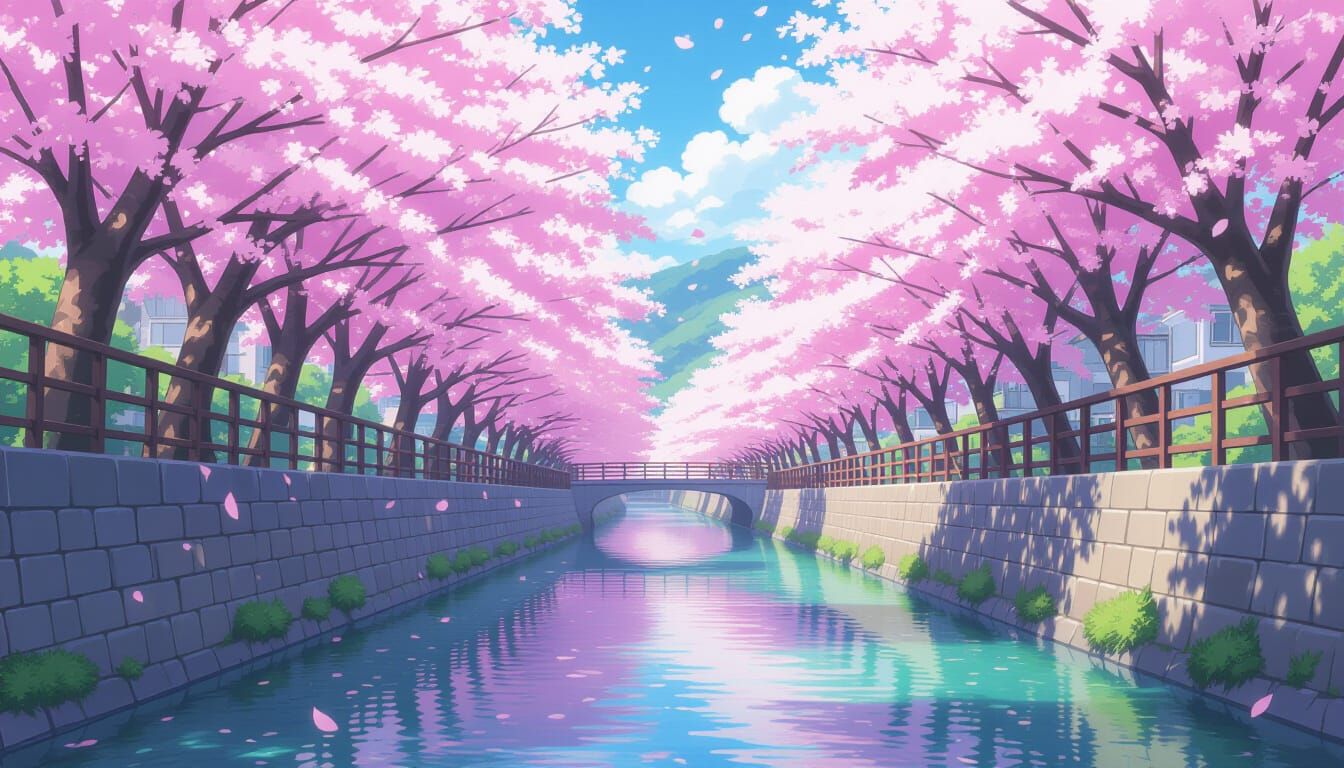 Sakura Blossom Tunnel Over Crystal River in Anime Style