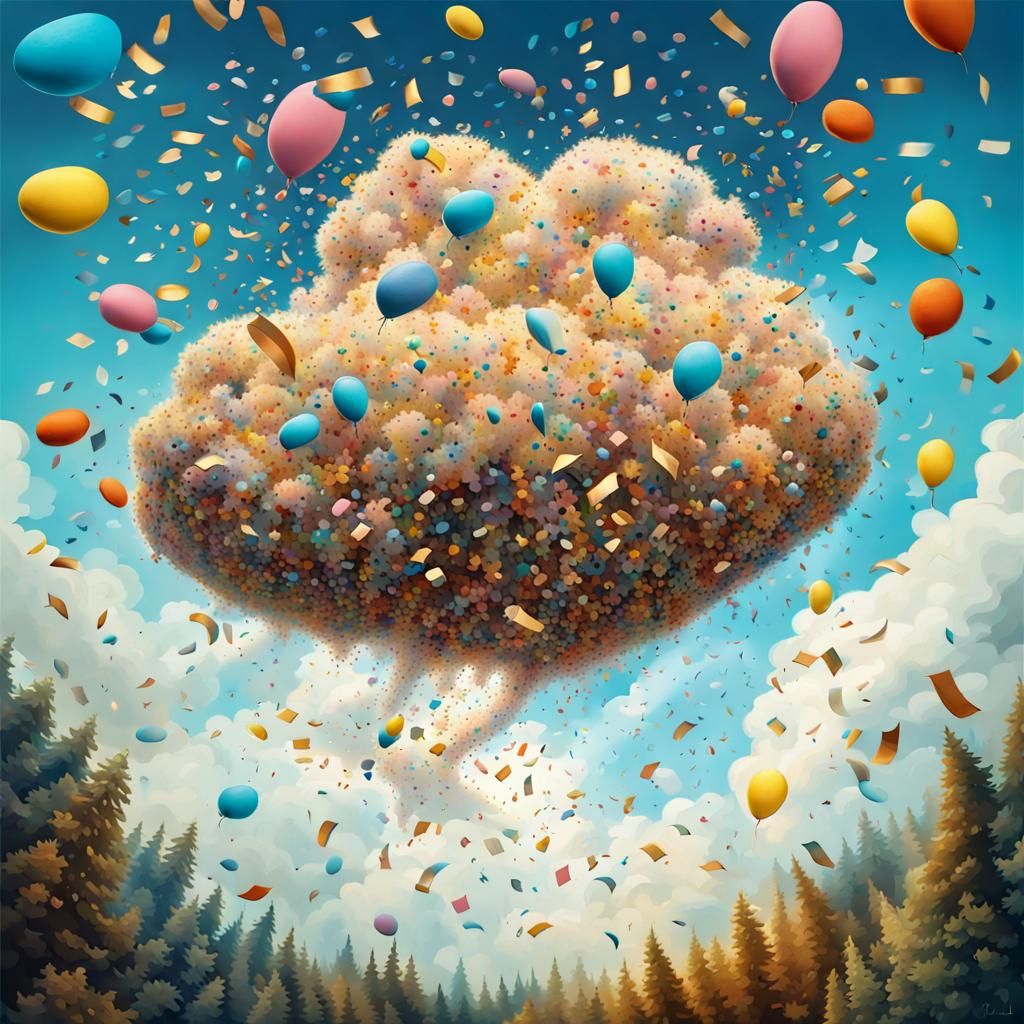 Animals Party Under Confetti Cloud, in Salvador Dali Style