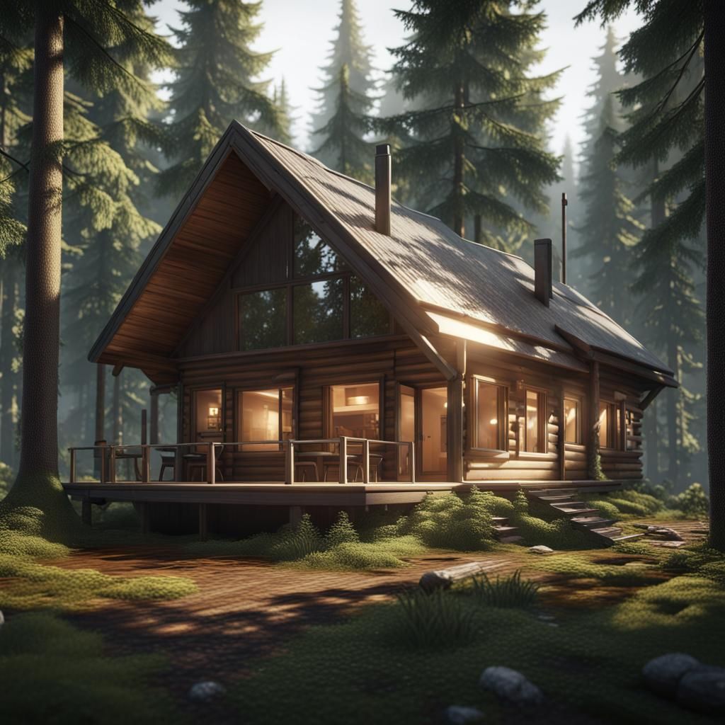 Modern Cabin in Evergreen Forest: 3D Cinematic Render
