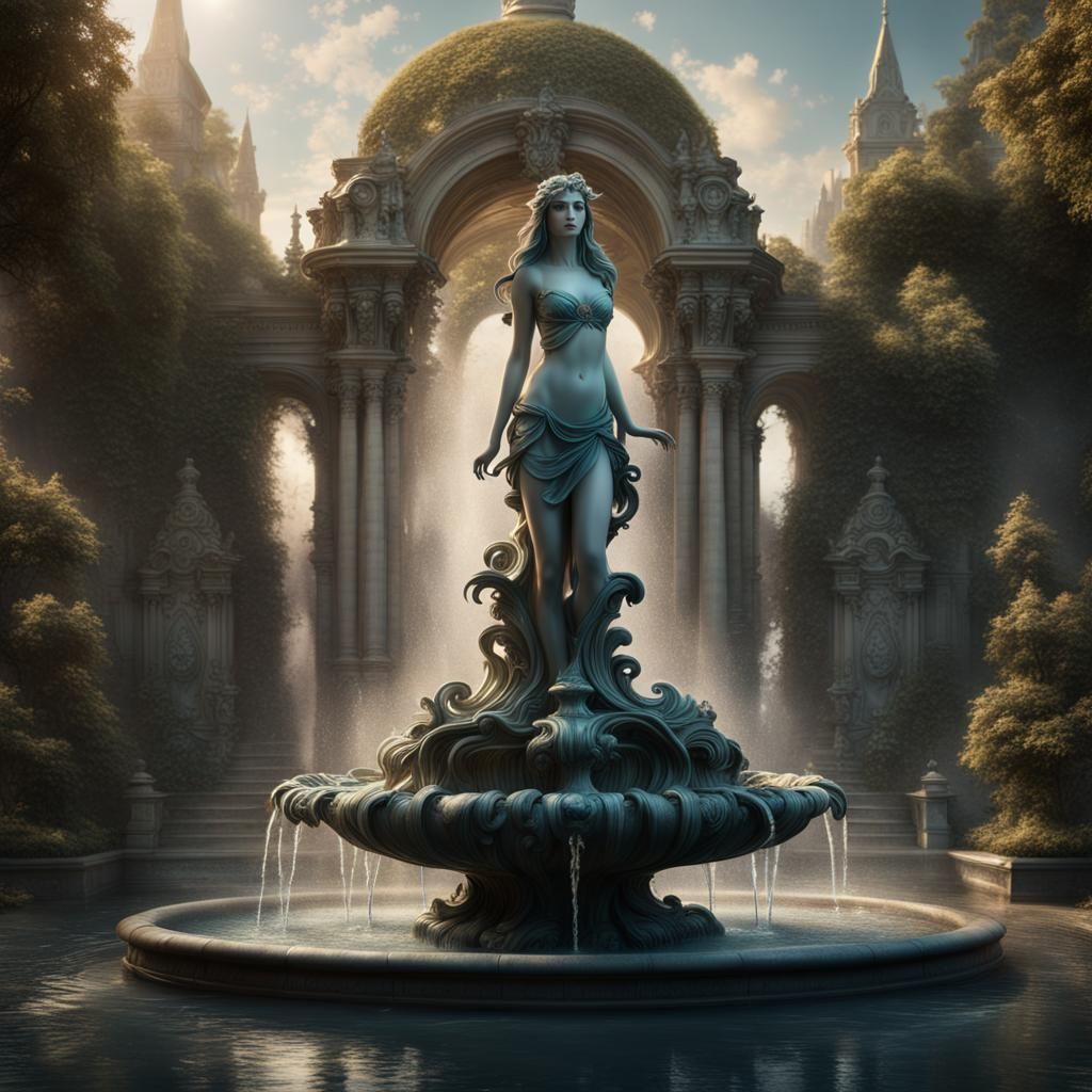 Epic Fairy Water Fountain Statue: Digital Matte Painting