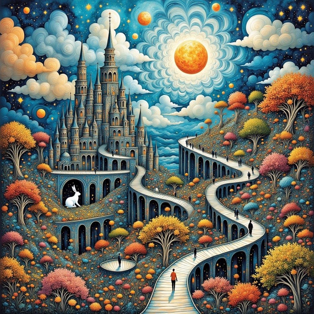 Rabbits Constructing Fractal Cities in Dream Landscape