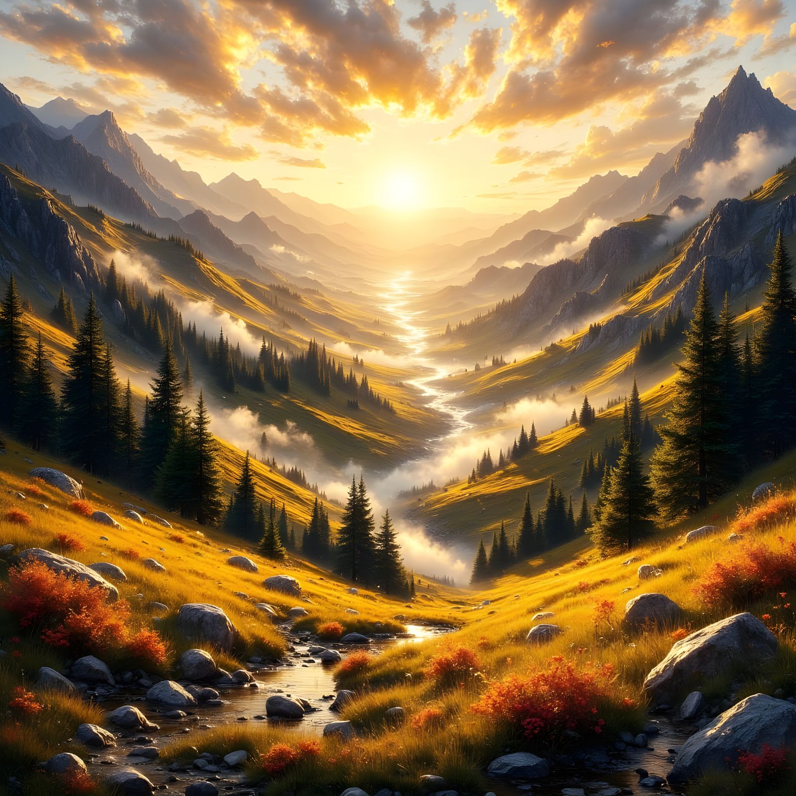 Golden Light on Pop-Up Book Landscape at Dawn