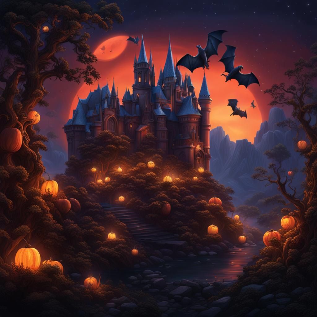 Gothic Castle with Bats: Detailed Matte Painting
