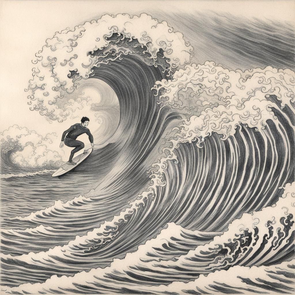 Pencil Drawing of Surfer Under Great Wave