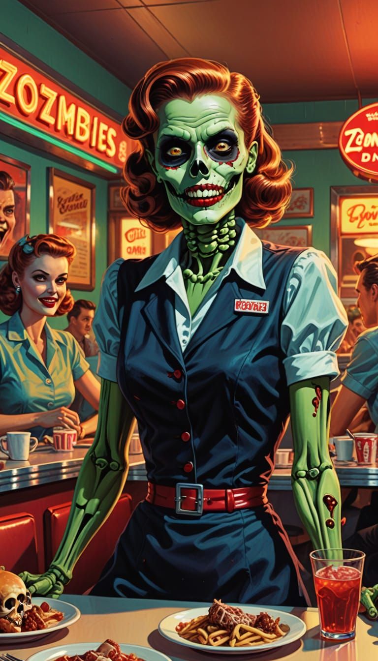 Skeleton Waitress in a Zombie Diner: Retro Pin-Up Art