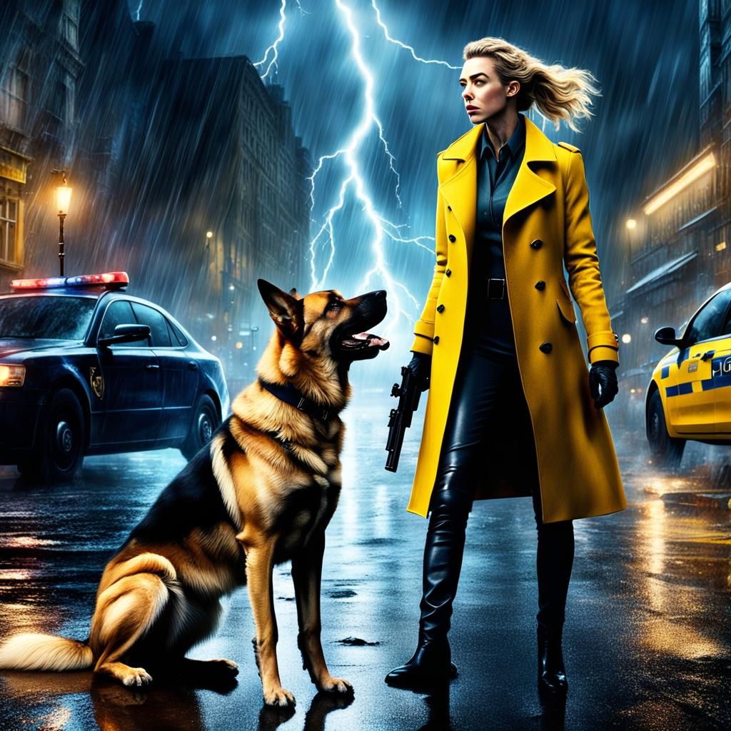 Police Officer and Dog Apprehending Criminal in the Rain