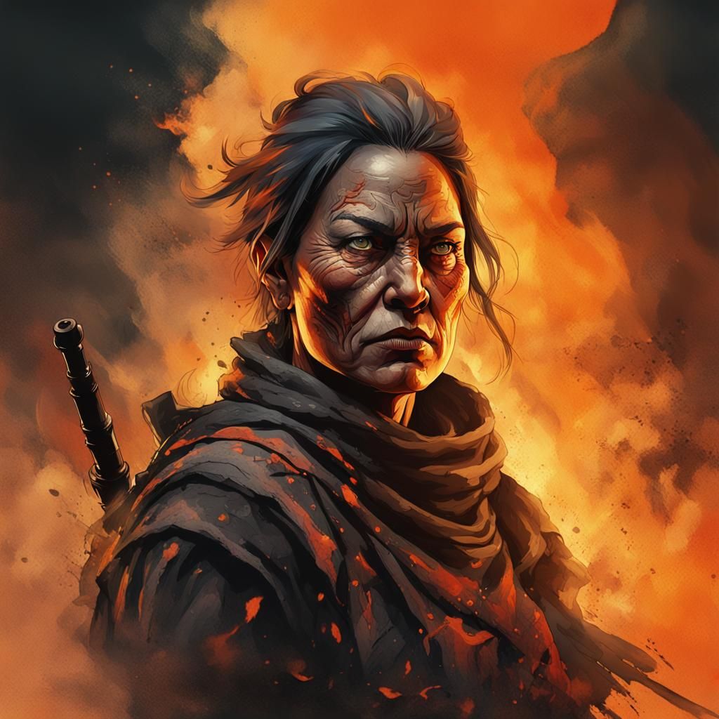 Fierce Warrior in Burning Landscape: Digital Art Portrait