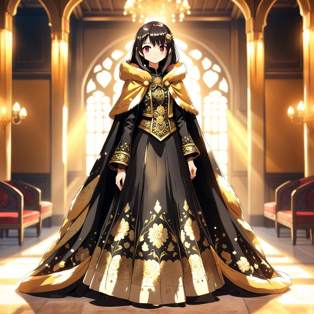 Anime Woman in Gold and Black Fur Cloak