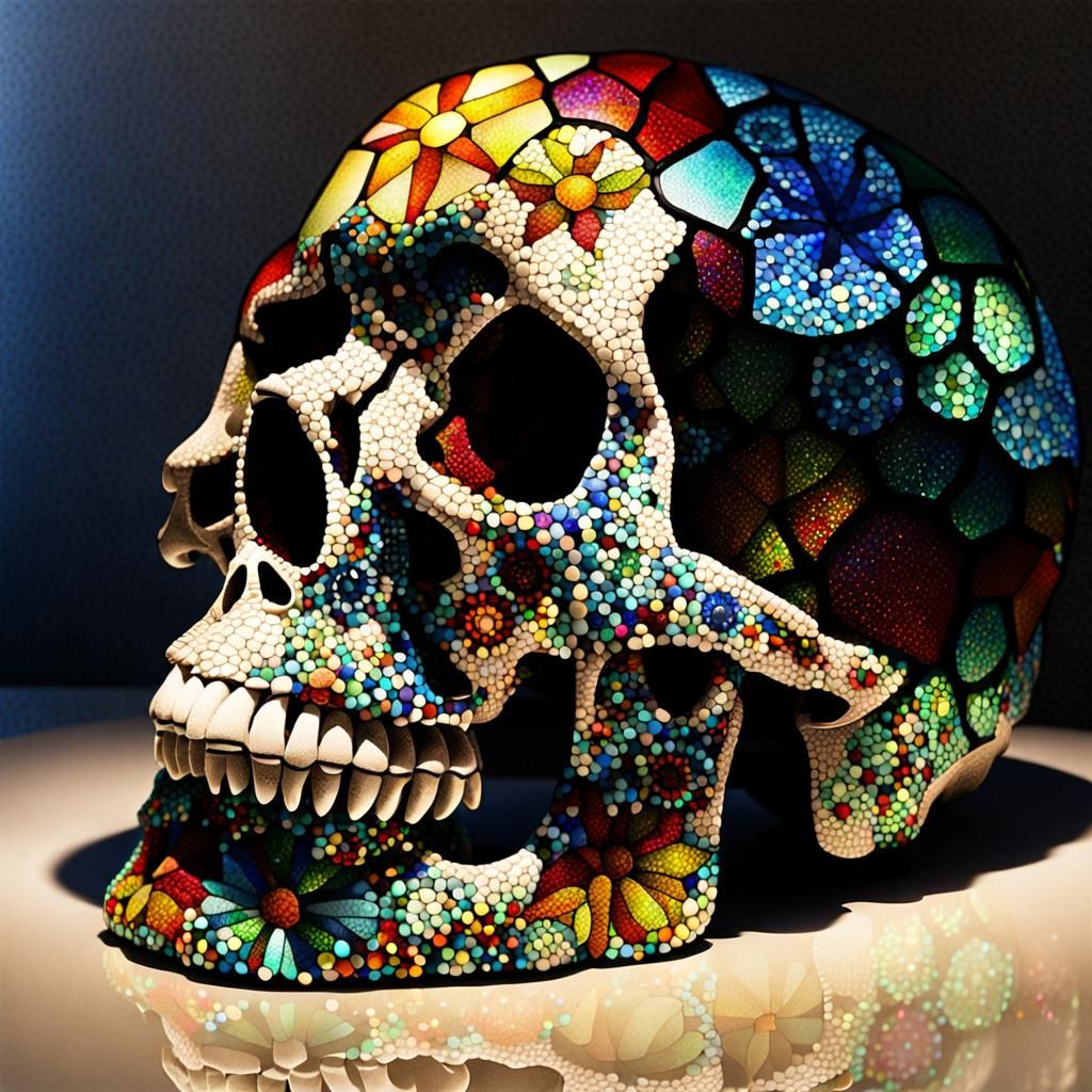 Stained Glass Skull in Pointillism Style