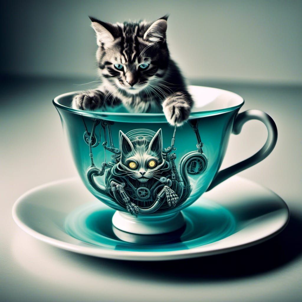Biomechanical Cat in Teacup: Surreal X-Ray Art