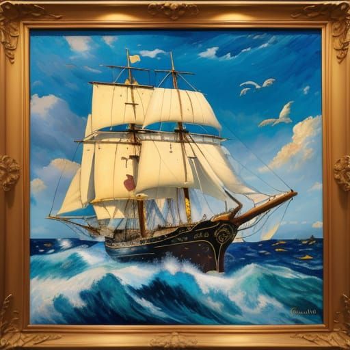 Colorful Galleon Sailing: Post-Impressionist Oil Painting