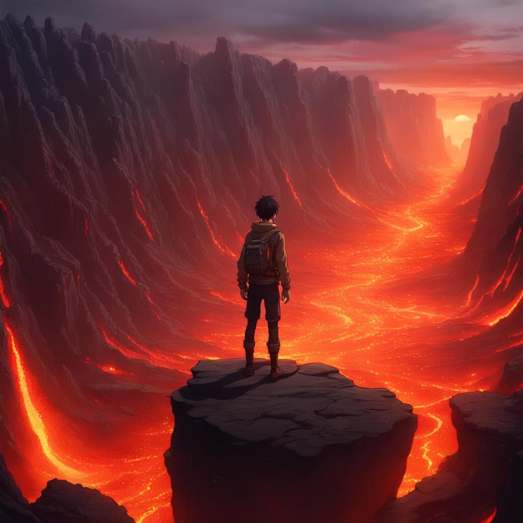 Anime Boy Contemplates Lava Pit Edge