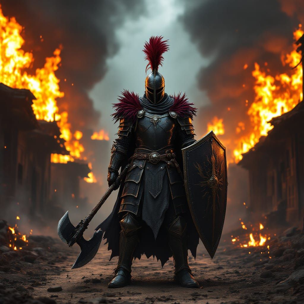 Knight in Burning City, Cinematic Illustration