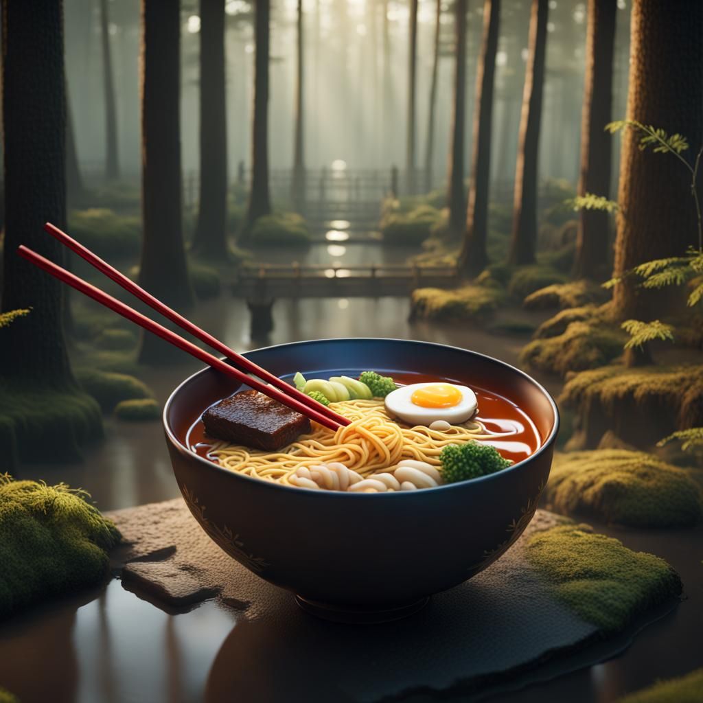 Ramen Bowl in Forest: Detailed Matte Painting