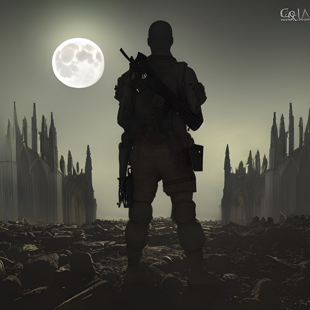 Soldier Among Gothic Ruins in Dark Fantasy Style