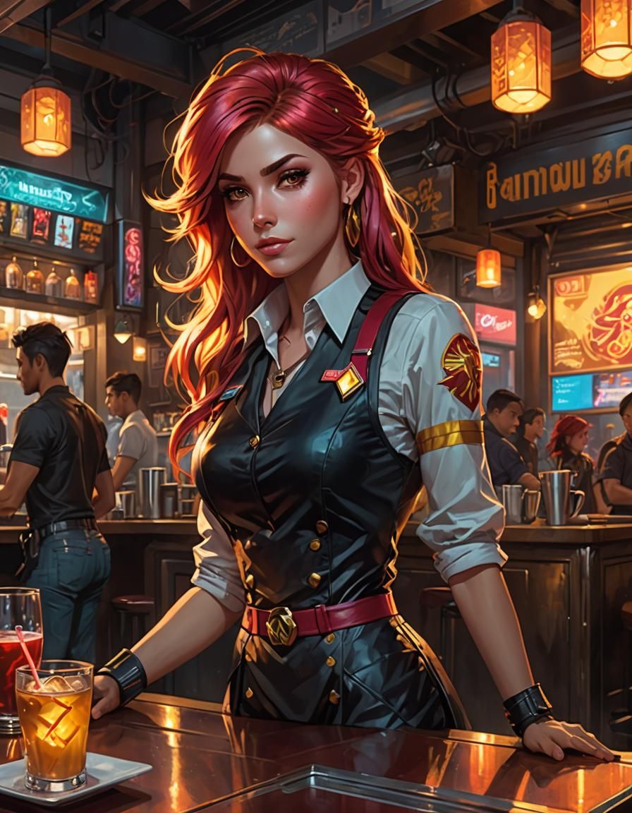 Sunset Shimmer as Cyberpunk Waitress: Hyperdetailed Portrait