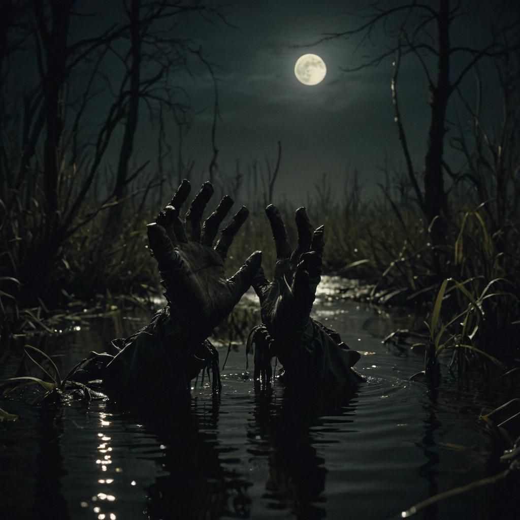Eerie Hand Rises from Swamp in Cinematic Style