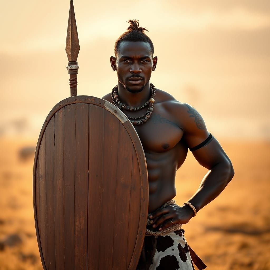 Muscular African Warrior in Traditional Attire, Shield and S...