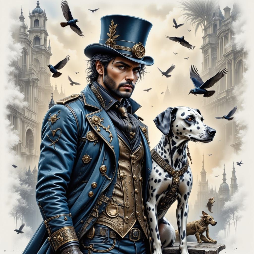 Steampunk Man and Dalmatian Dog in Dark Fantasy Collage