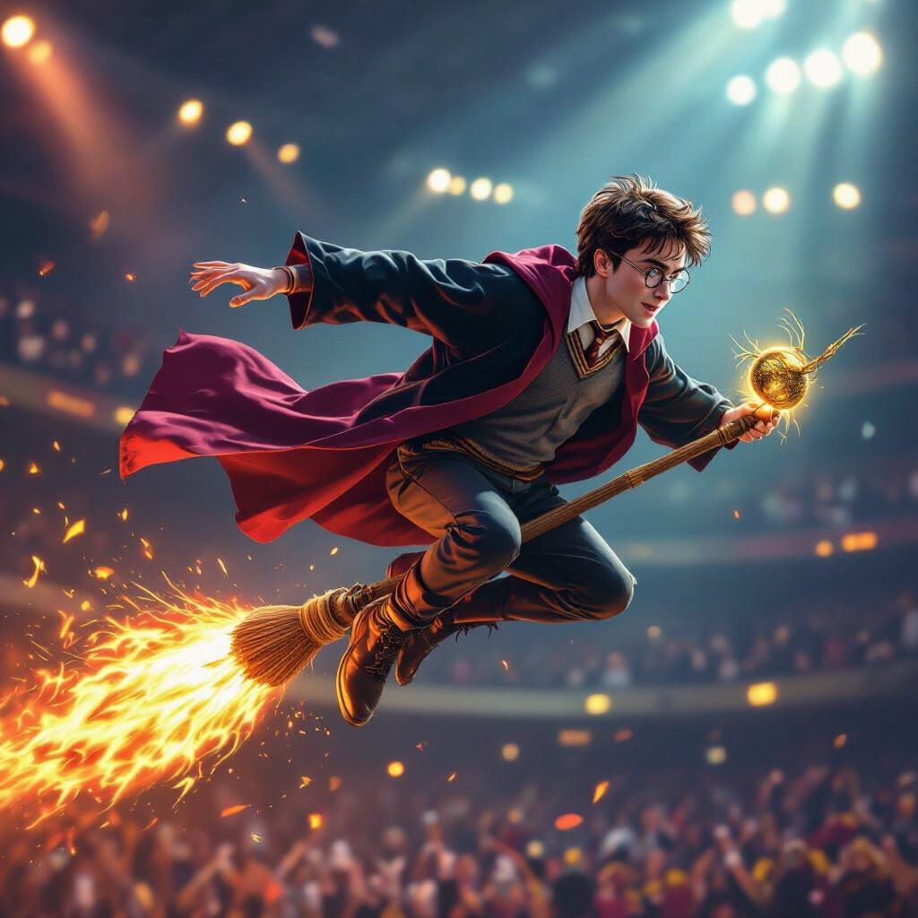 Harry Potter Captures Golden Snitch on Firebolt Broom