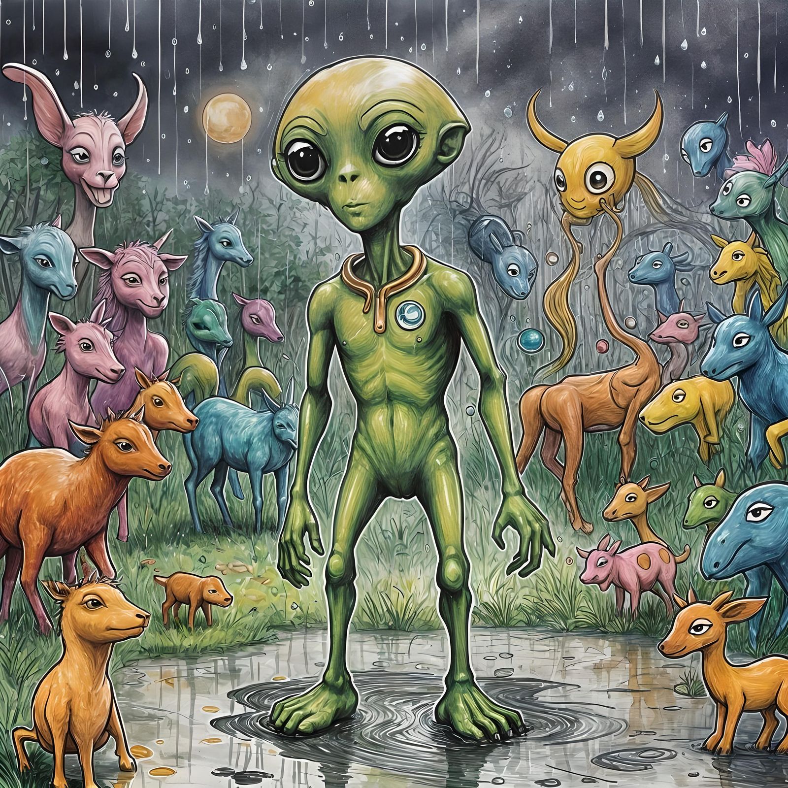 Surreal Celestial Landscape with Sun and Moon