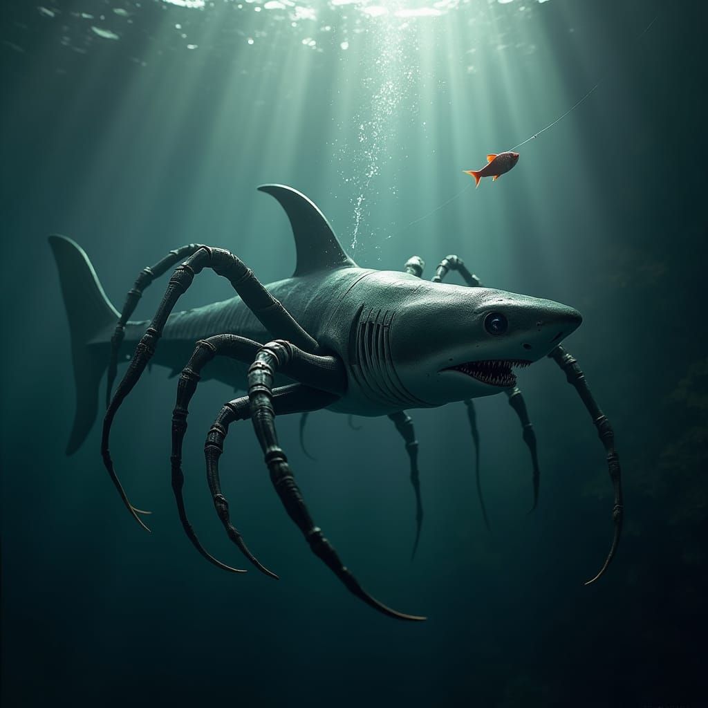 Shark-Spider Hybrid in Underwater Web: a Sci-Fi Vision