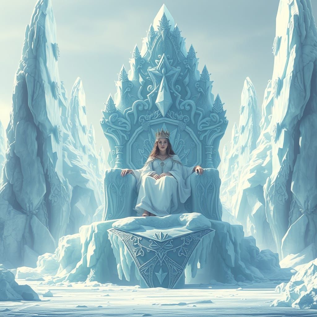 Ice Queen on Glacial Throne in Ethereal Sci-Fi Landscape