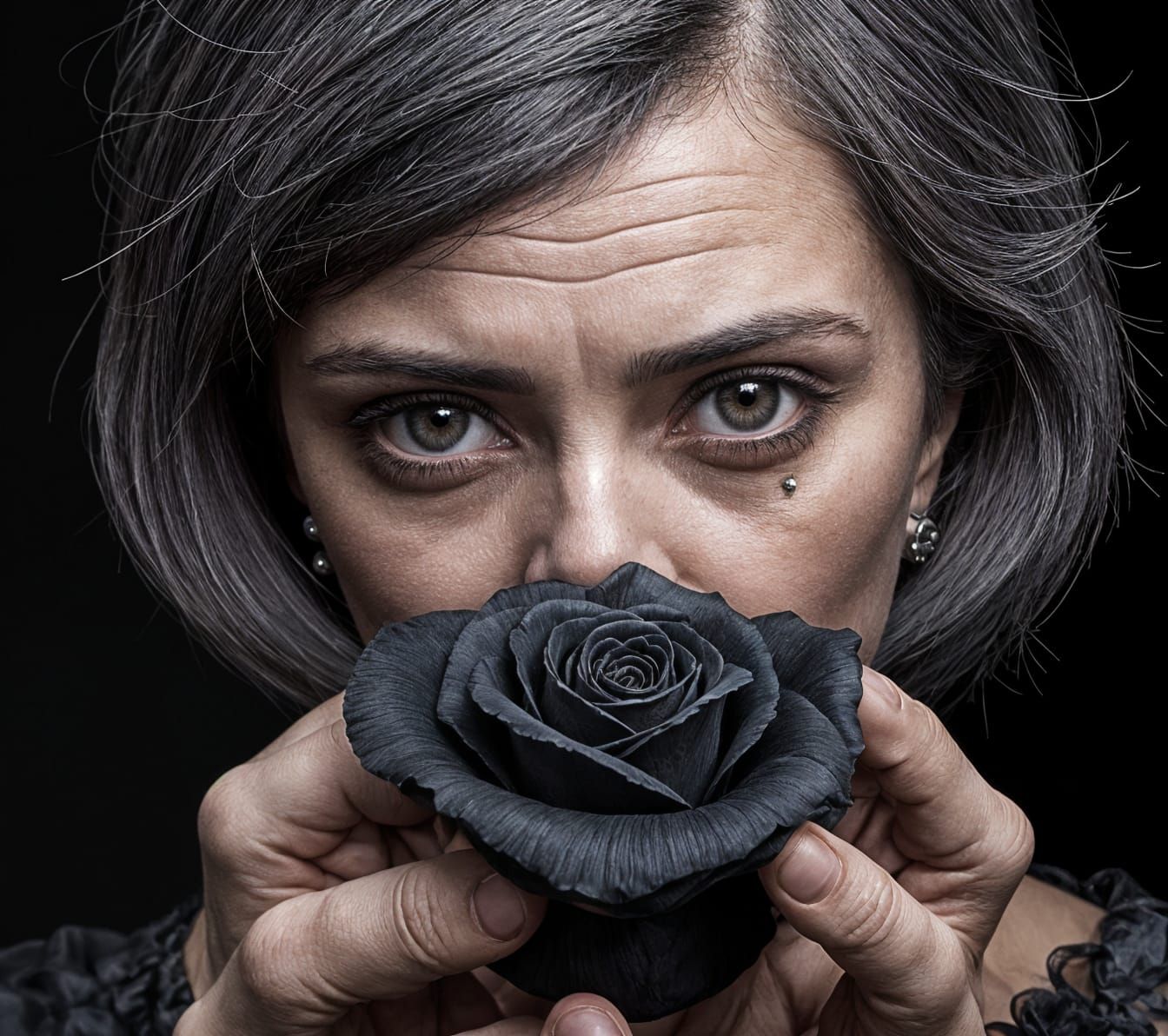 Elegant Woman Holds a Black Rose Baccarat with a Strong Sad ...