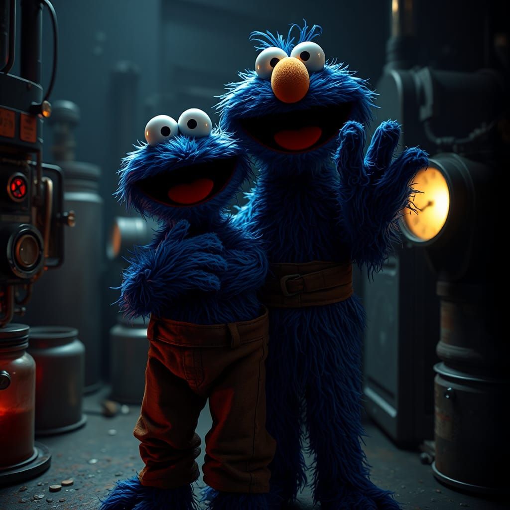 A hyper-realistic Elmo, Cookie Monster from Sesame Street