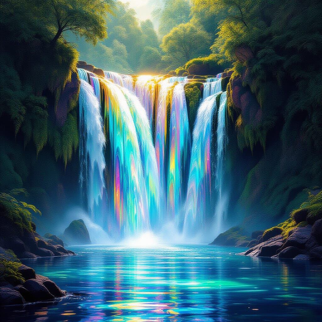 Dreamlike Neon Prism Waterfall Illusion