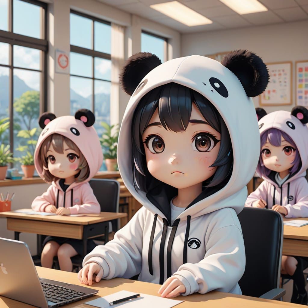 Cute Panda Kigurumi High School Students in a Classroom Scen...