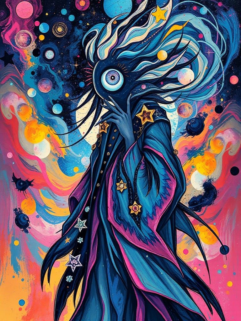 Celestial Being in Abstract Retro-Futuristic Style