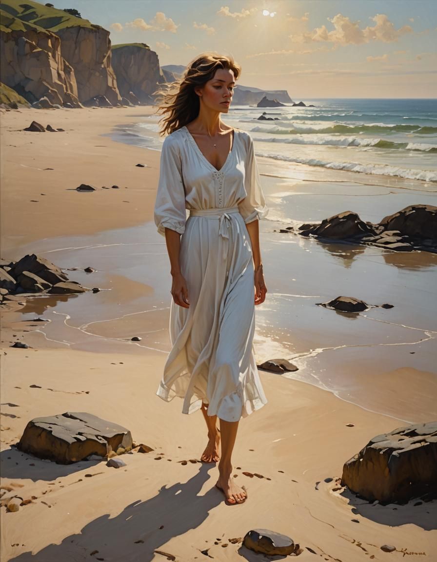 Woman on Beach in Gurney-Style Oil Painting