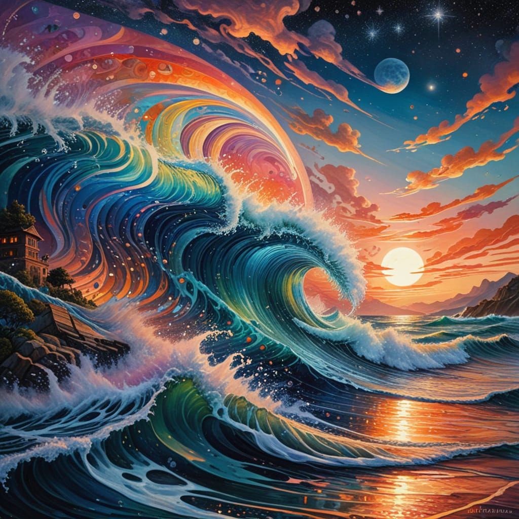 Surreal Ocean Wave Reflecting Rainbows Under Sunset Moon