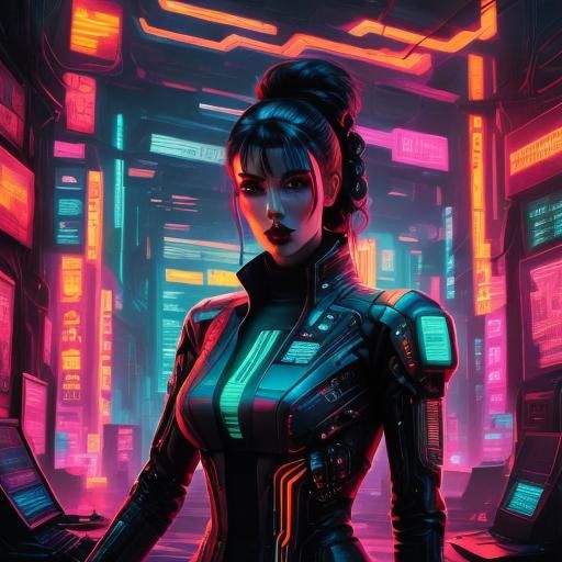 Cyberpunk Android Woman in Neon Hacking Interface