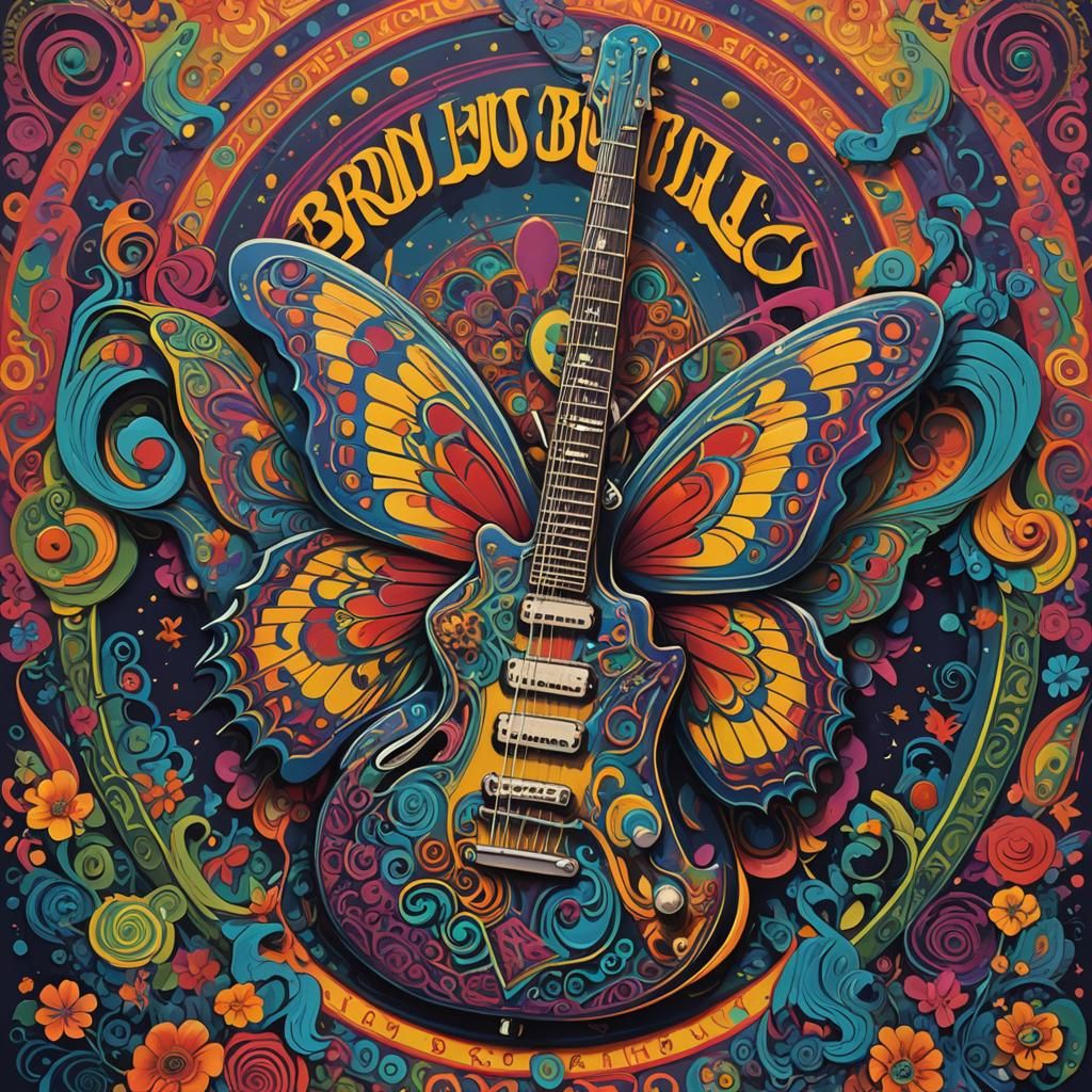 Psychedelic 60s Poster of Iron Butterfly with Guitar