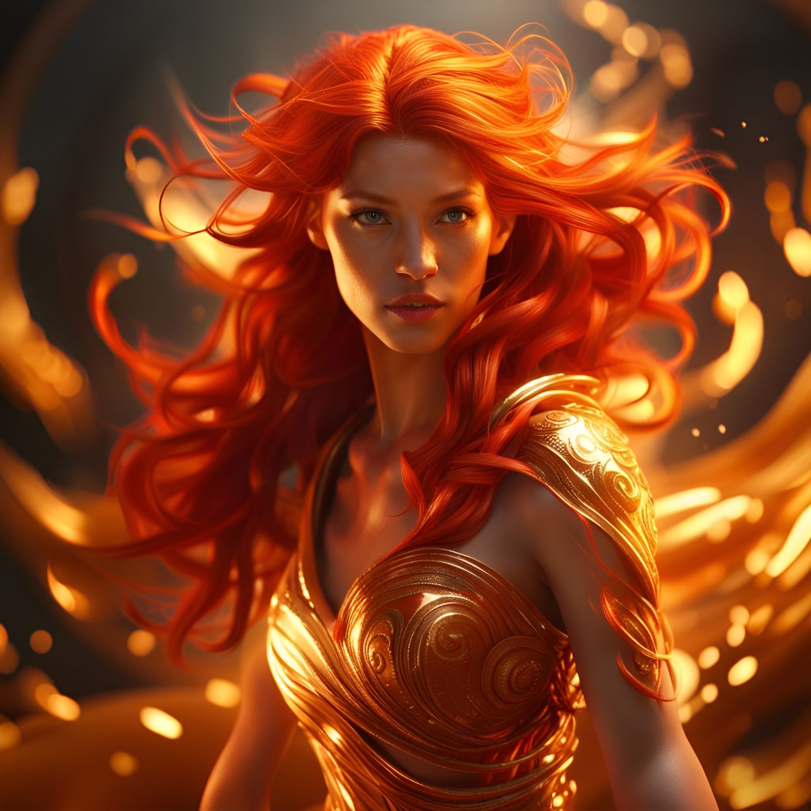 Fiery Goddess with Golden Energy in Digital Art Style