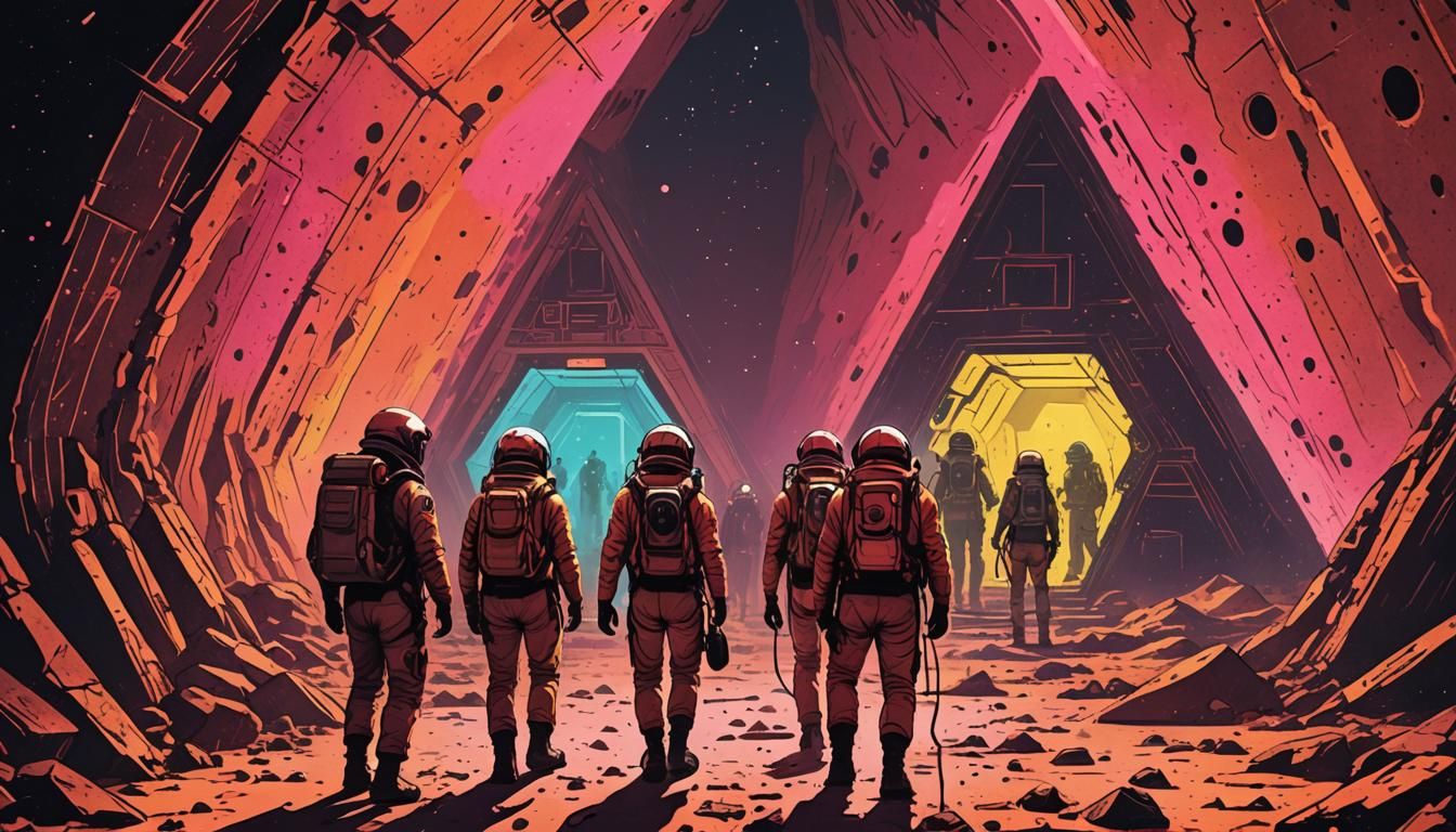 Martian Pyramid Discovery in Retrofuturistic Comic Style