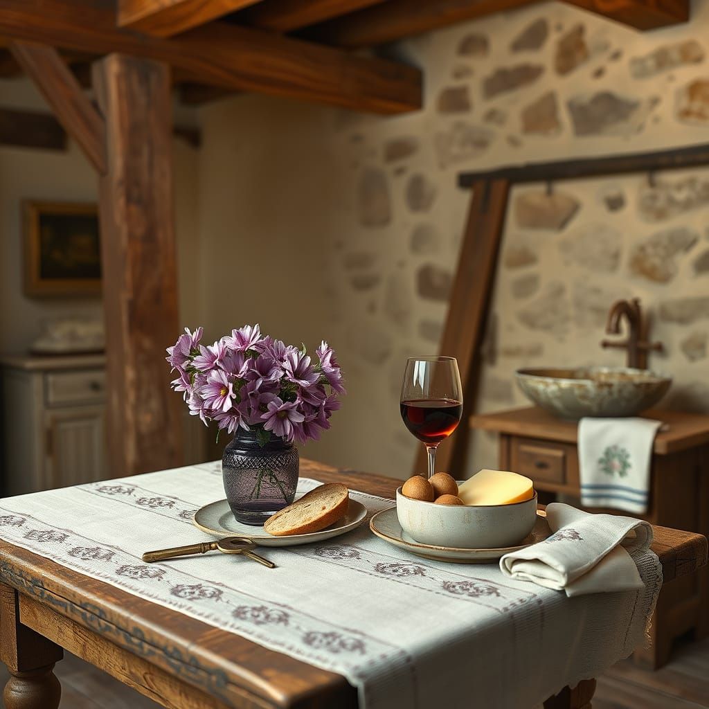 Cozy French Farmhouse Scene in Warm Golden Light