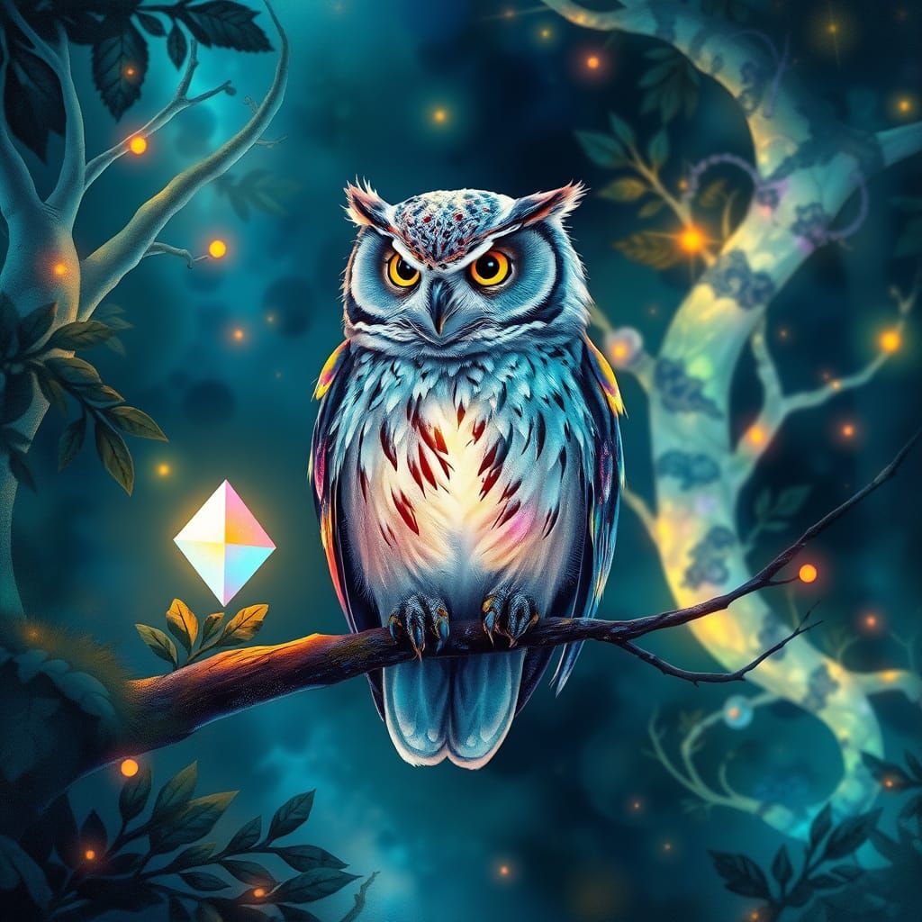 Bioluminescent Owl in Glowing Fantasy Forest, Watercolor Sty...