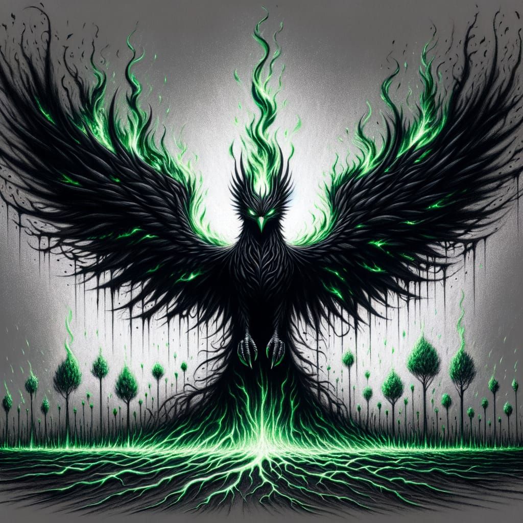 magnificent jet black Phoenix stands completely engulfed in mystical black and green flames from his topcrest to eyes, t...
