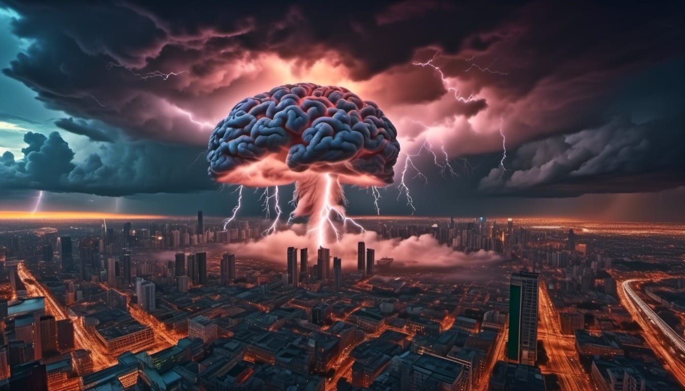 Brain-Shaped Thundercloud Over Metropolis at Sunset