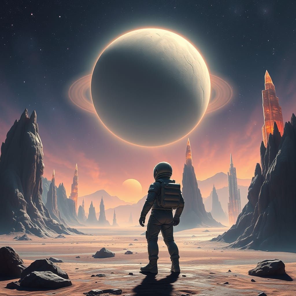 Astronaut on Alien Planet in Cosmic Surrealism Style