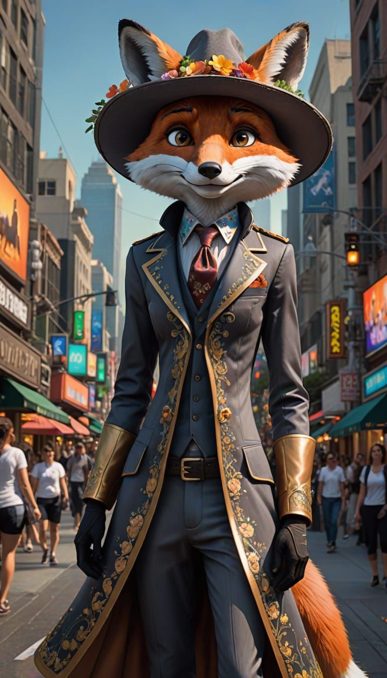 Iridescent Fox-Woman in Charro Outfit, Digital Art